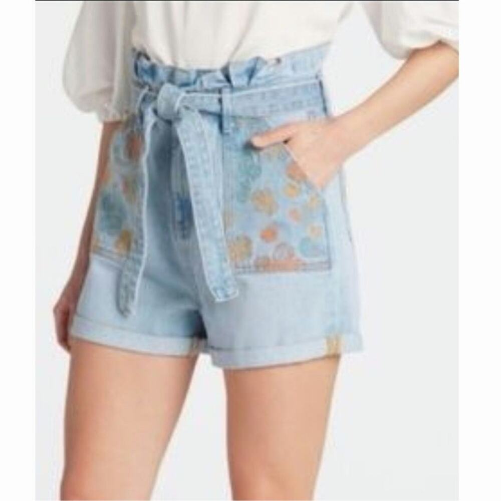 Driftwood EUC Embroidered Belted Paper Bag High Waist Jean Shorts size 6 28 blue